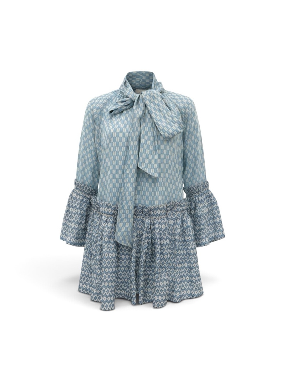 Blue Luxury Linen Patterned Tie-Neck Mini Dress